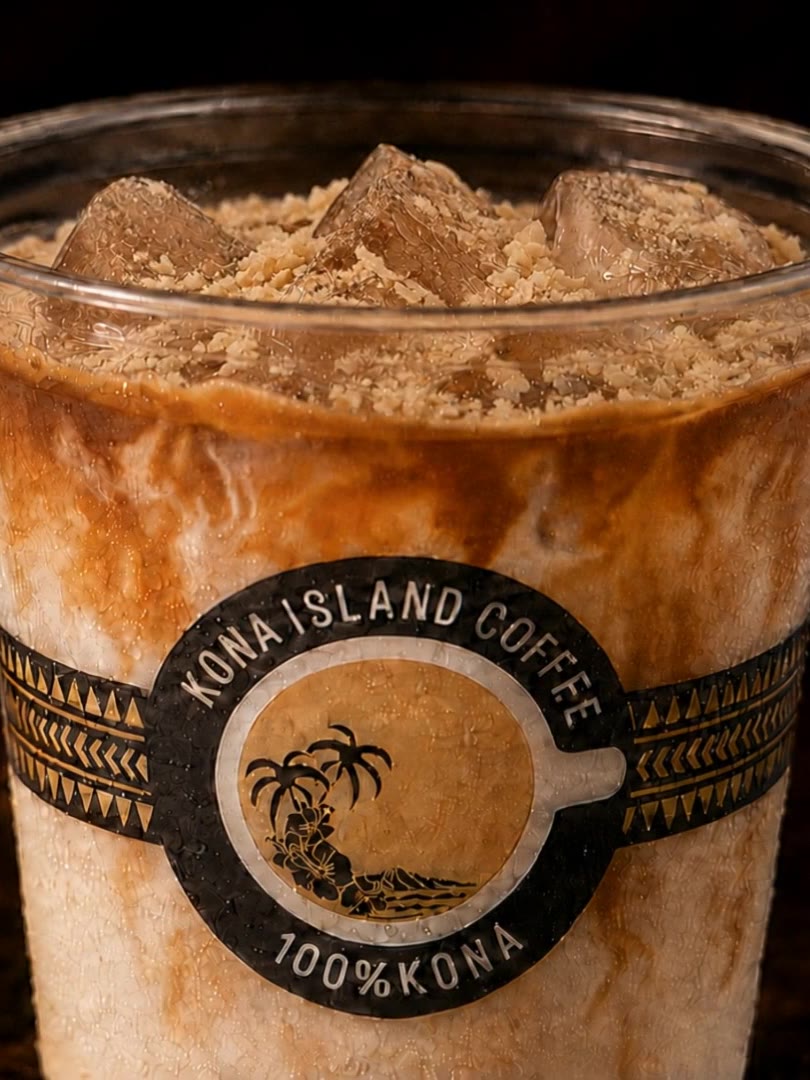 Iced Kona Island Latte with espresso swirls, macadamia and coconut
